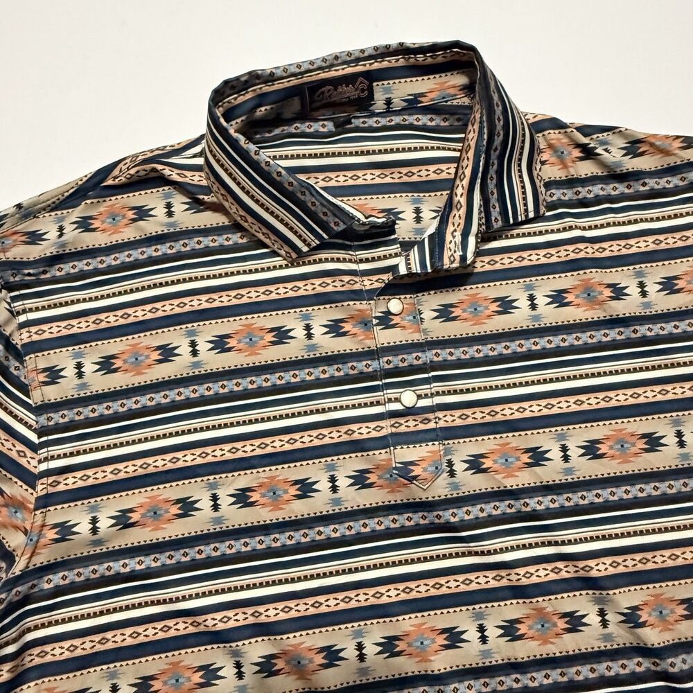 Rafter C Polo Shirt Mens Large Blue White Southwestern Aztec Pearl Snap Western